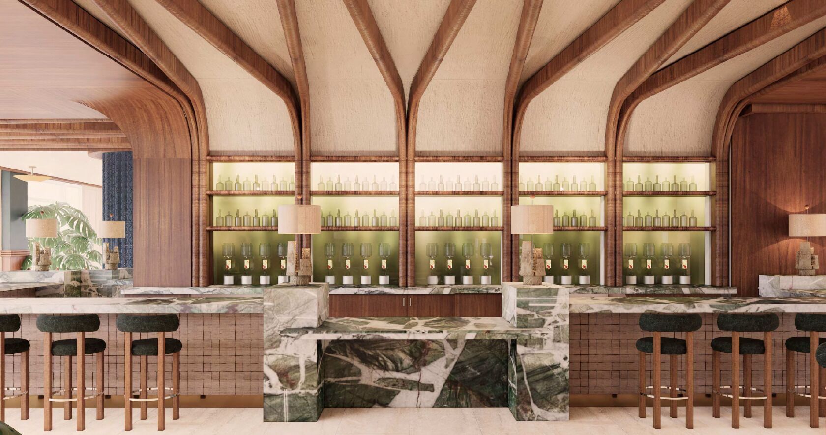 A bar area with marble countertops, wooden beams, and bar stools.