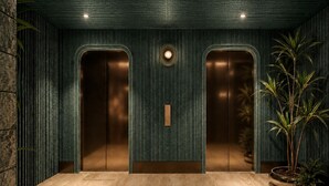 A modern elevator with a metallic handle, flanked by vertical wooden panels, and a potted plant to the right. - Sítio El Tropicano (San Antonio)