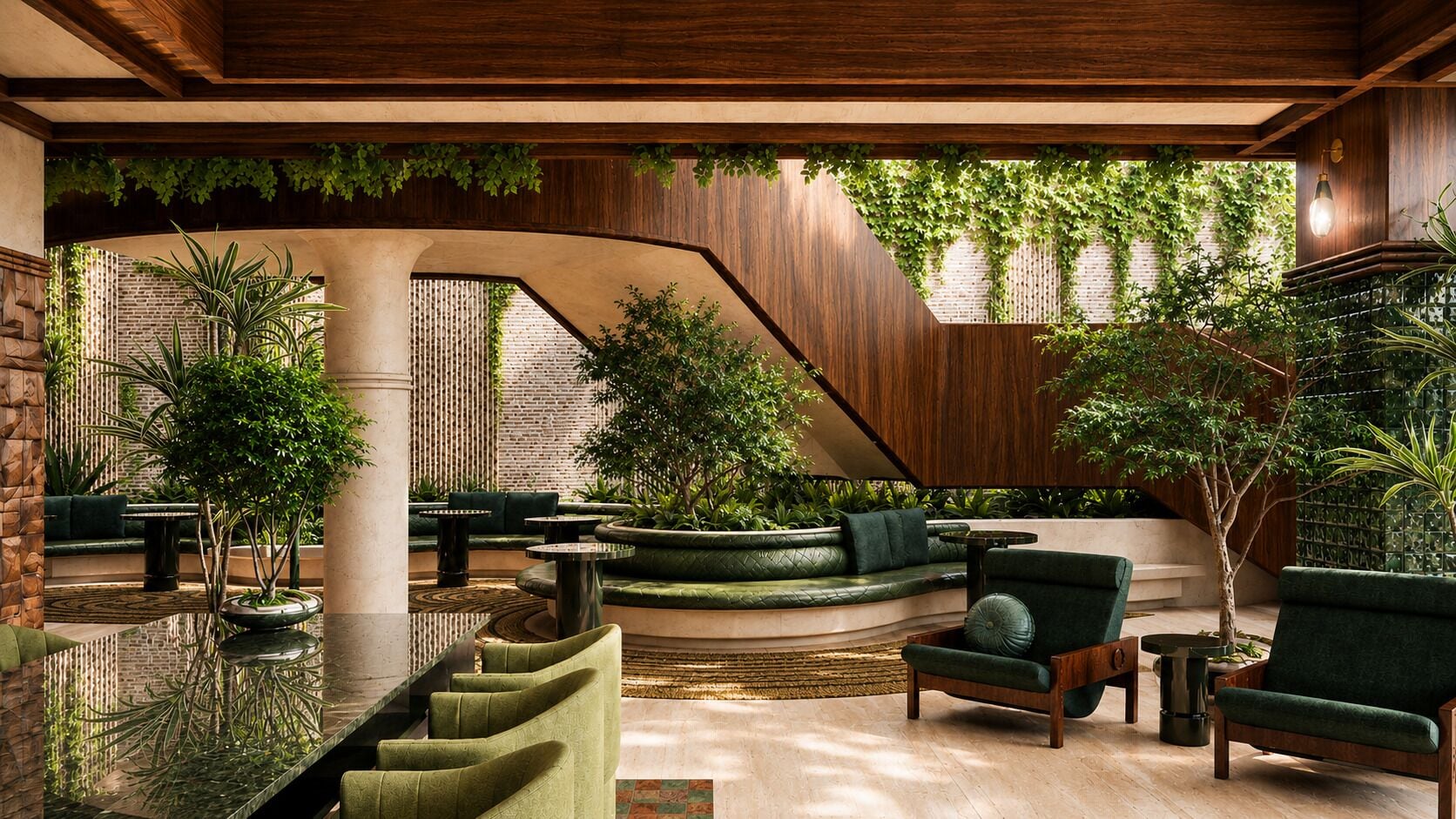 A modern interior with a curved seating area, a staircase, and greenery.