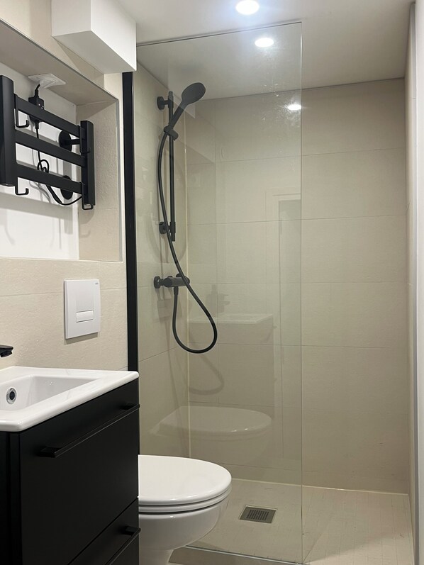 Shower, towels, soap, toilet paper