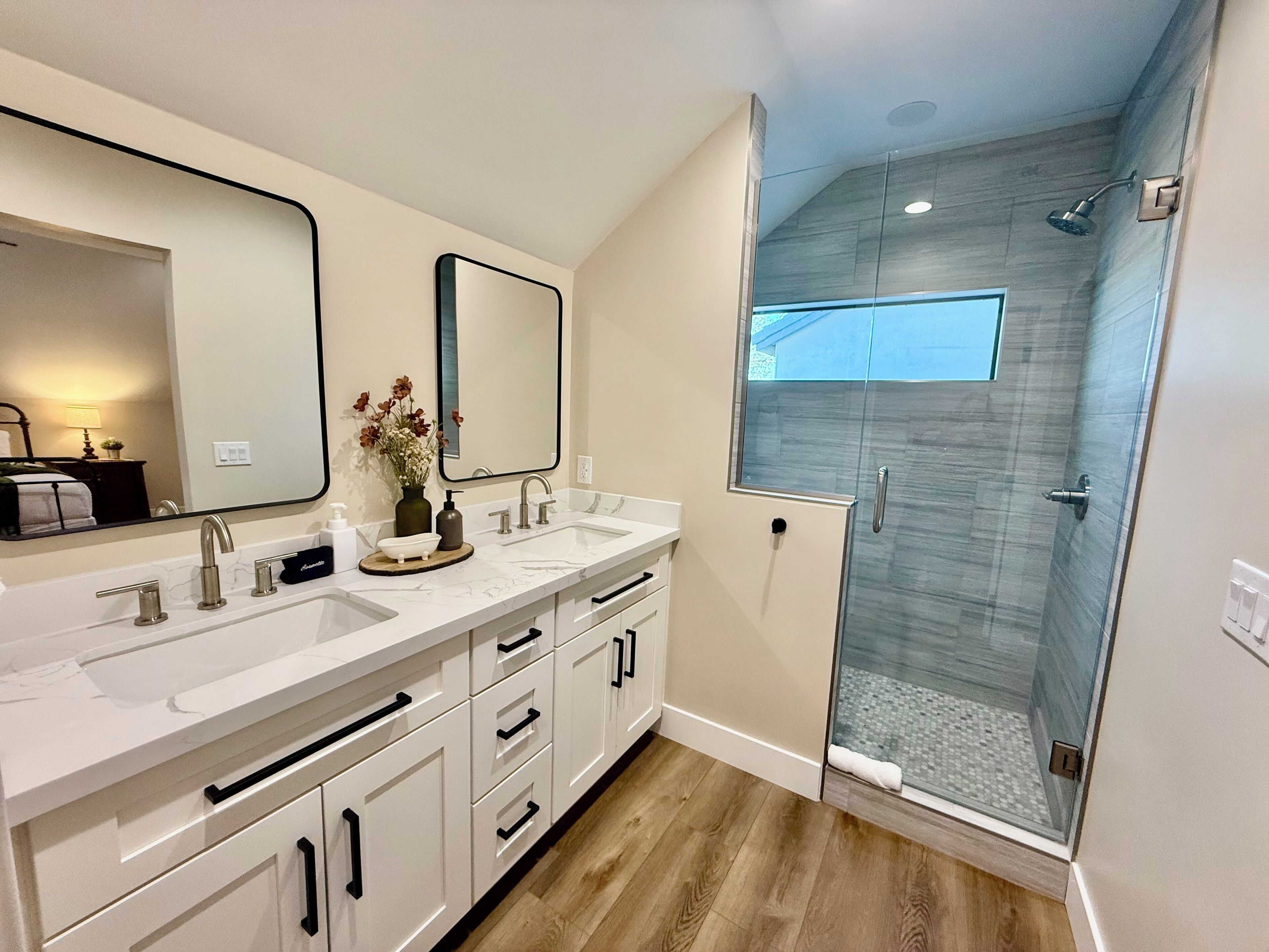 Shower, eco-friendly toiletries, hair dryer, towels
