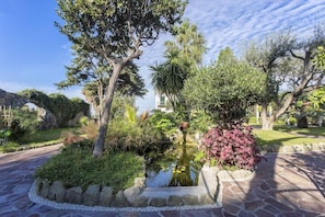 A garden with a pond, stone pathway, and various plants. - Hotel Tritone Resort AND SPA (Forio)