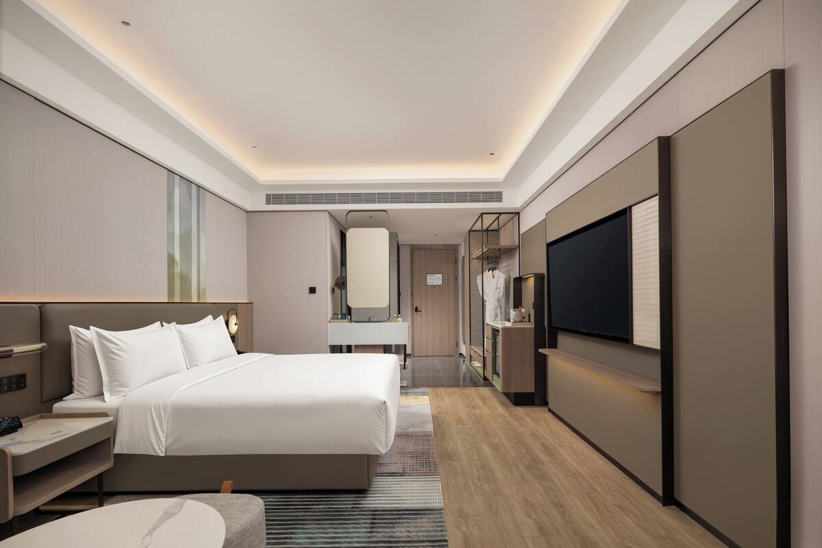 Una habitación de hotel moderna con una cama grande, un televisor, un baño y un escritorio.