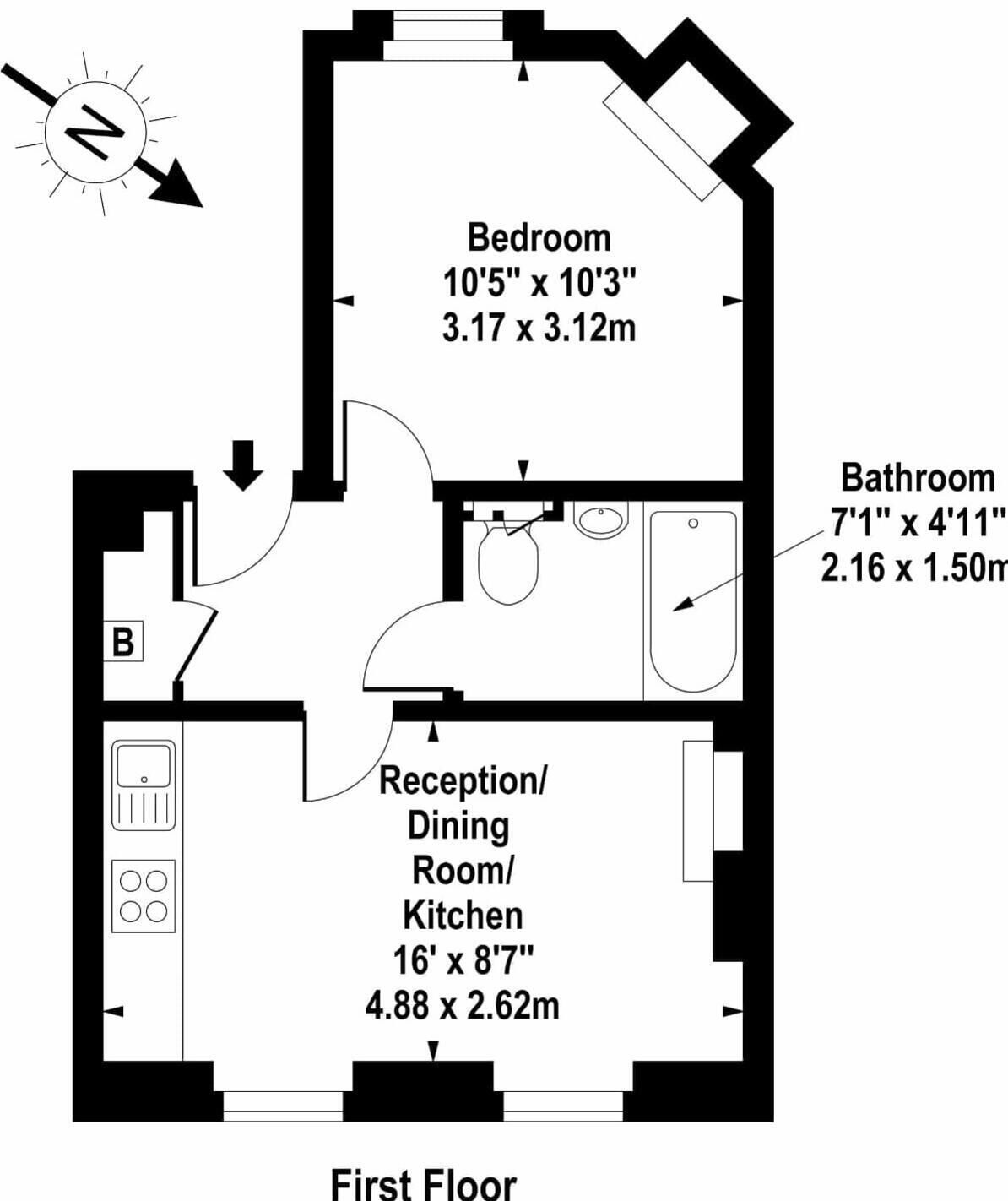 A first-floor floor plan with a bedroom, bathroom, and a combined reception/dining/kitchen area.