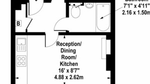A first-floor floor plan with a bedroom, bathroom, and a combined reception/dining/kitchen area. - The Fox & Found - Fitzrovia - by Frankie (London)