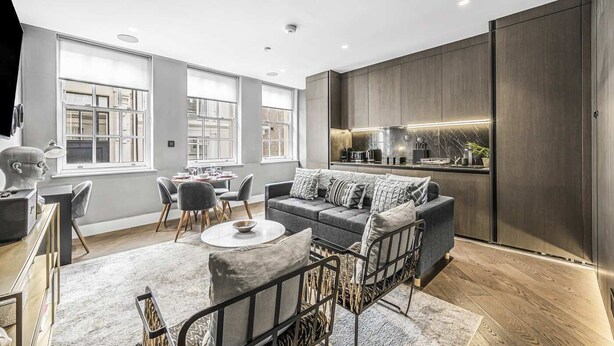Un salon moderne avec un canapé gris, une table à manger et des chaises. On y trouve également un coin cuisine avec un comptoir et des placards.