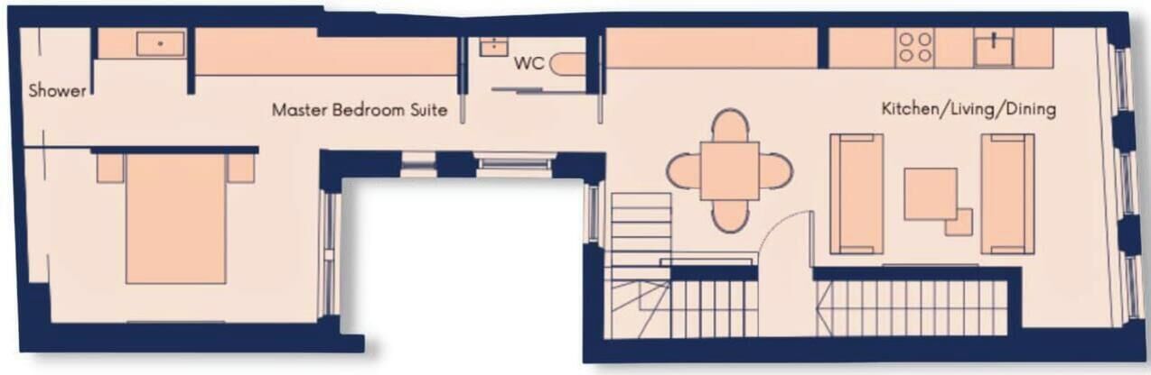 A floor plan with a master bedroom suite, a shower, a WC, and a kitchen/dining area.