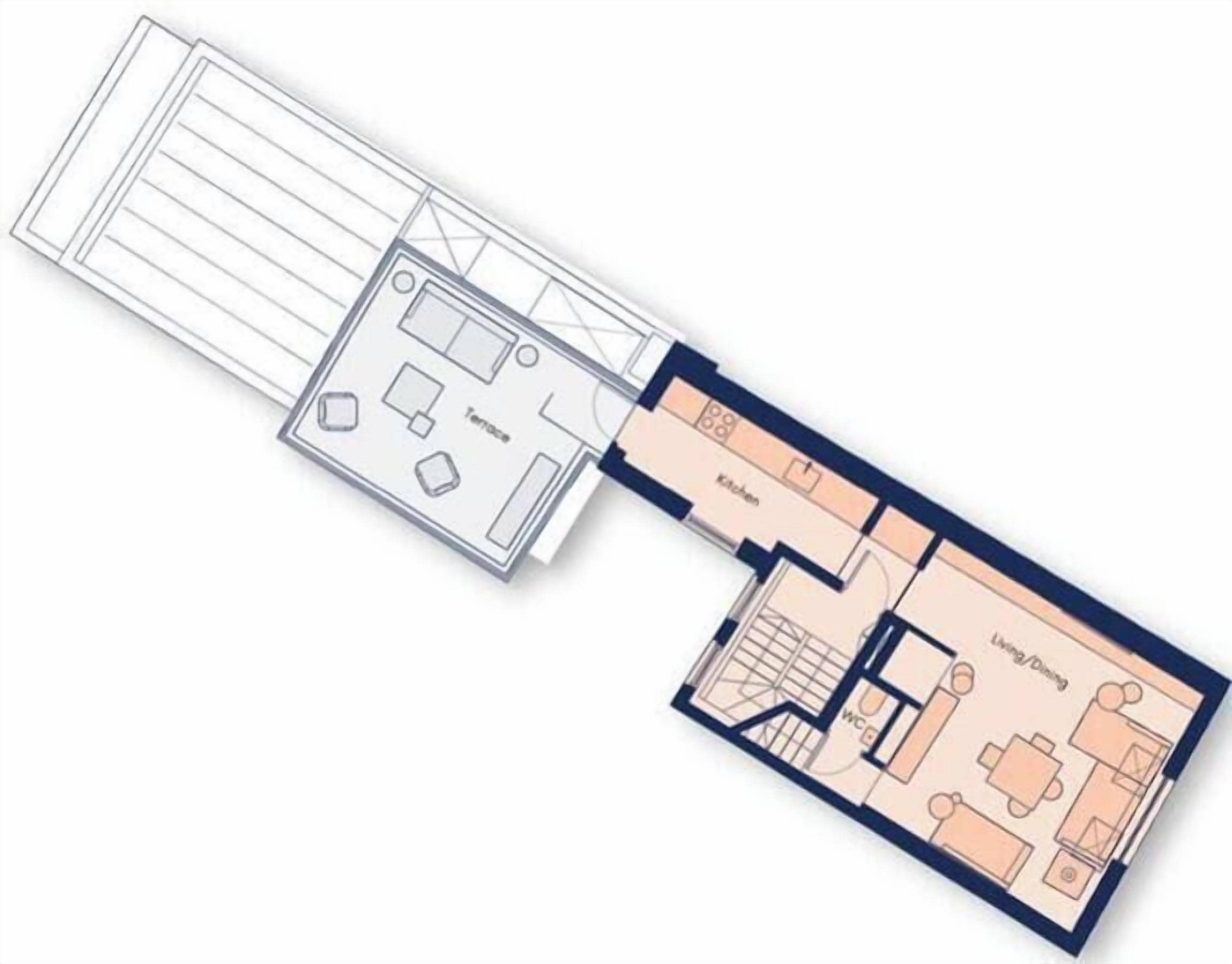 Un plan d’étage comprenant un espace de vie/salle à manger, une cuisine et deux chambres.