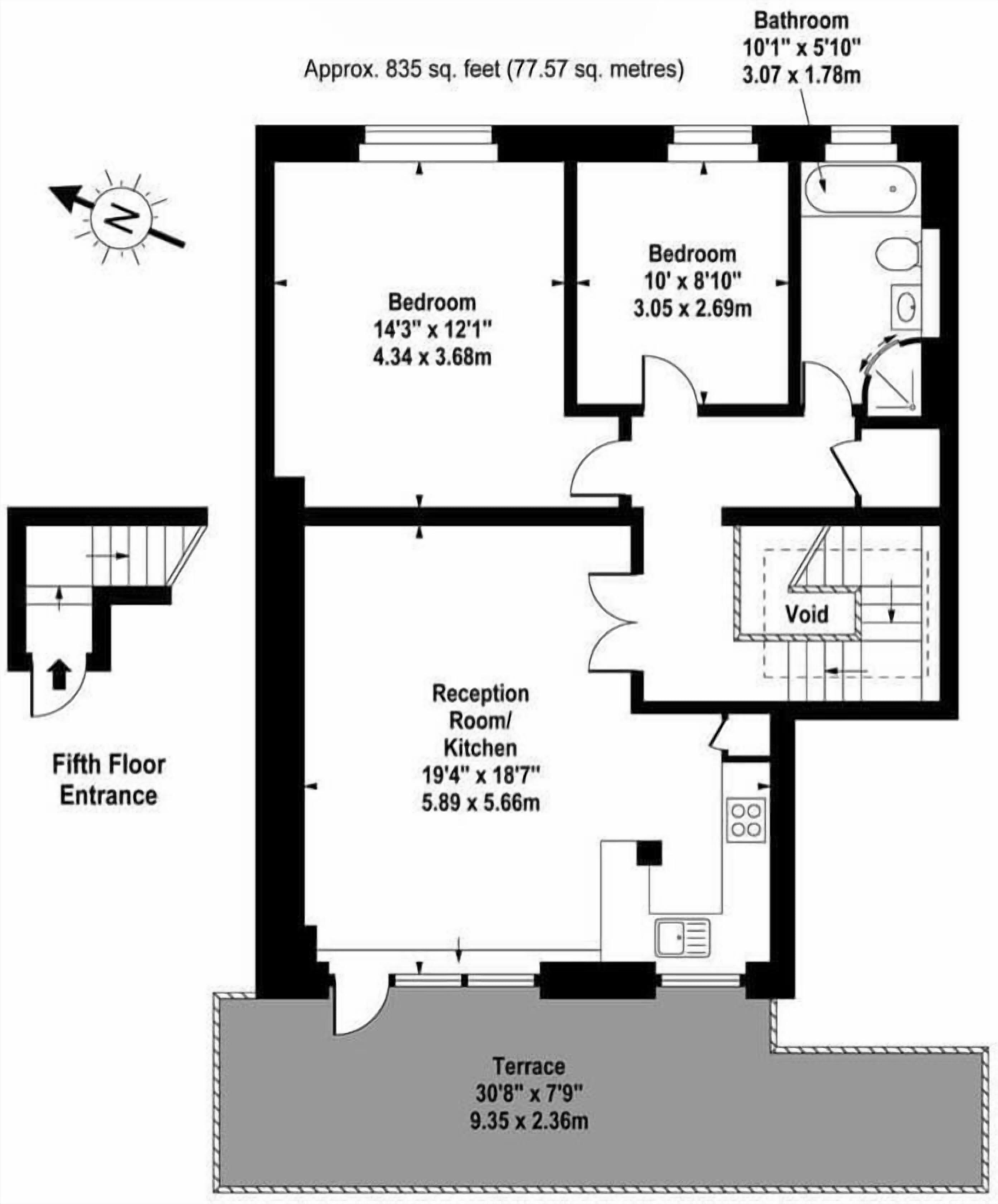 A floor plan of a sixth-floor apartment with a terrace, two bedrooms, a bathroom, a reception room/kitchen, and a void.