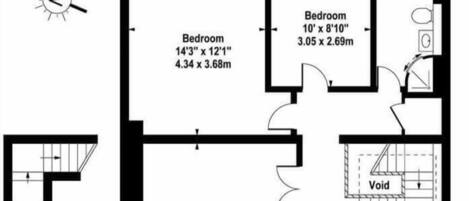 A floor plan of a sixth-floor apartment with a terrace, two bedrooms, a bathroom, a reception room/kitchen, and a void.