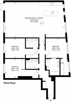 A floor plan of a hotel with three bedrooms, a reception room/kitchen, and a third-floor layout. - The Eyre Suite Two - Farringdon - by Frankie (London)