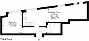 Ein Grundriss eines Hotelzimmers im dritten Stock, mit Schlafbereich, Empfang/Küche und Badezimmer.