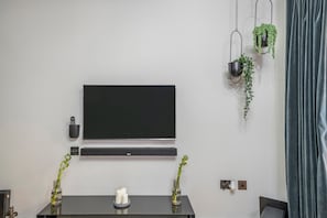 A modern living room with a flat-screen TV mounted on the wall, a black console table with decorative items, and hanging planters with green plants. - The Acre Abode - Covent Garden - by Frankie (London)