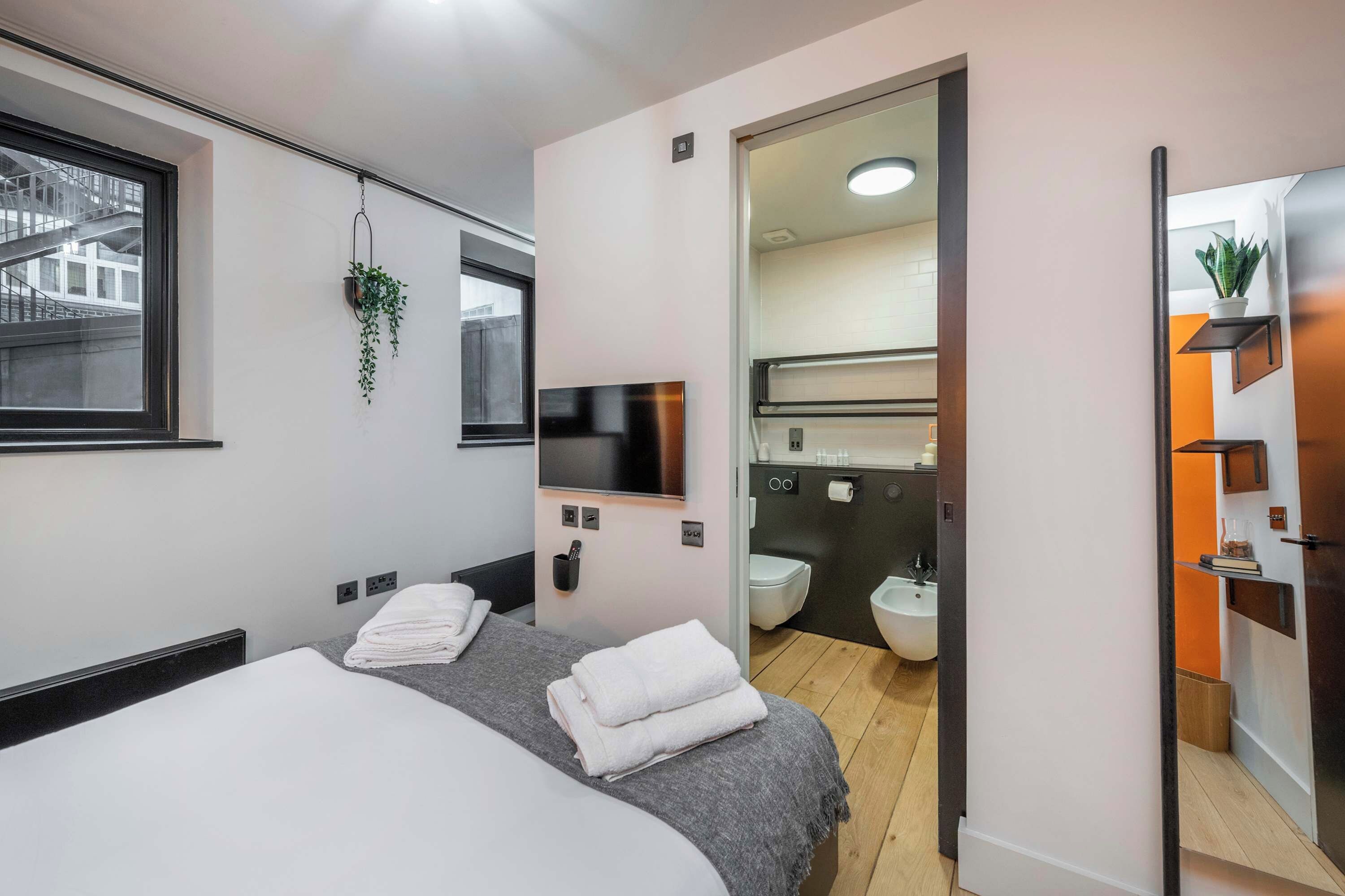 A modern hotel room with a bed, a TV, a mirror, a hanging plant, and a view of the outside.