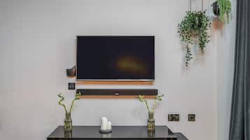 A modern living room with a flat-screen TV mounted on the wall, a black console table with two vases, and hanging plants.