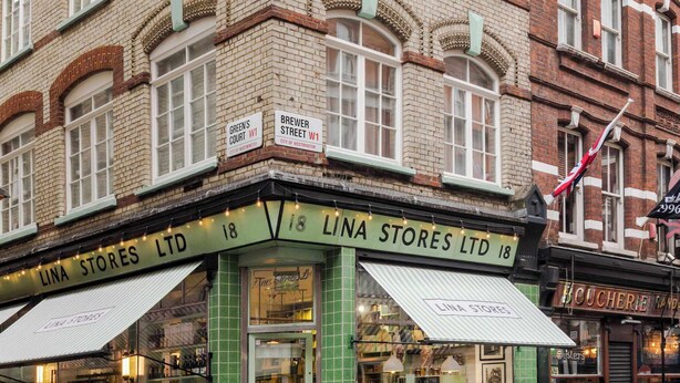 A corner building with a storefront named 'Lina Stores Ltd.' and a visible sign for 'Brewer Street W1.' - The Italian Collection - Soho - by Frankie (London)