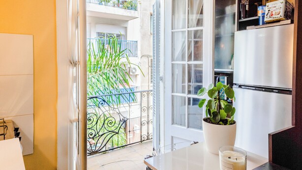 Una cucina con un frigorifero bianco, una pianta in vaso e una porta che dà su un balcone con piante.