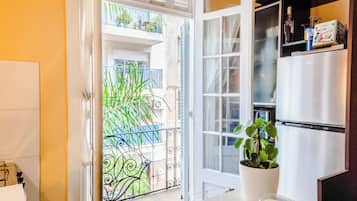 Una cocina con un refrigerador blanco, una planta en maceta y una puerta que da a un balcón con plantas.