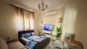 Een moderne slaapkamer met een bed, bank, televisie, bureau en een potplant.