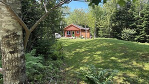 A small cabin with a red roof, surrounded by dense forest and a grassy hill. - The Pine, Lawrencetown (West Porters Lake)