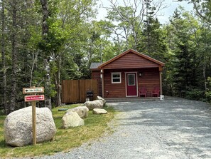A cabin with a red door, two Adirondack chairs, and a gravel driveway.