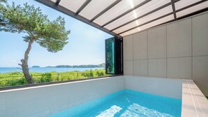 A modern indoor swimming pool with a clear view of the sea and a tree outside.