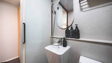 Shower, hair dryer, slippers, towels