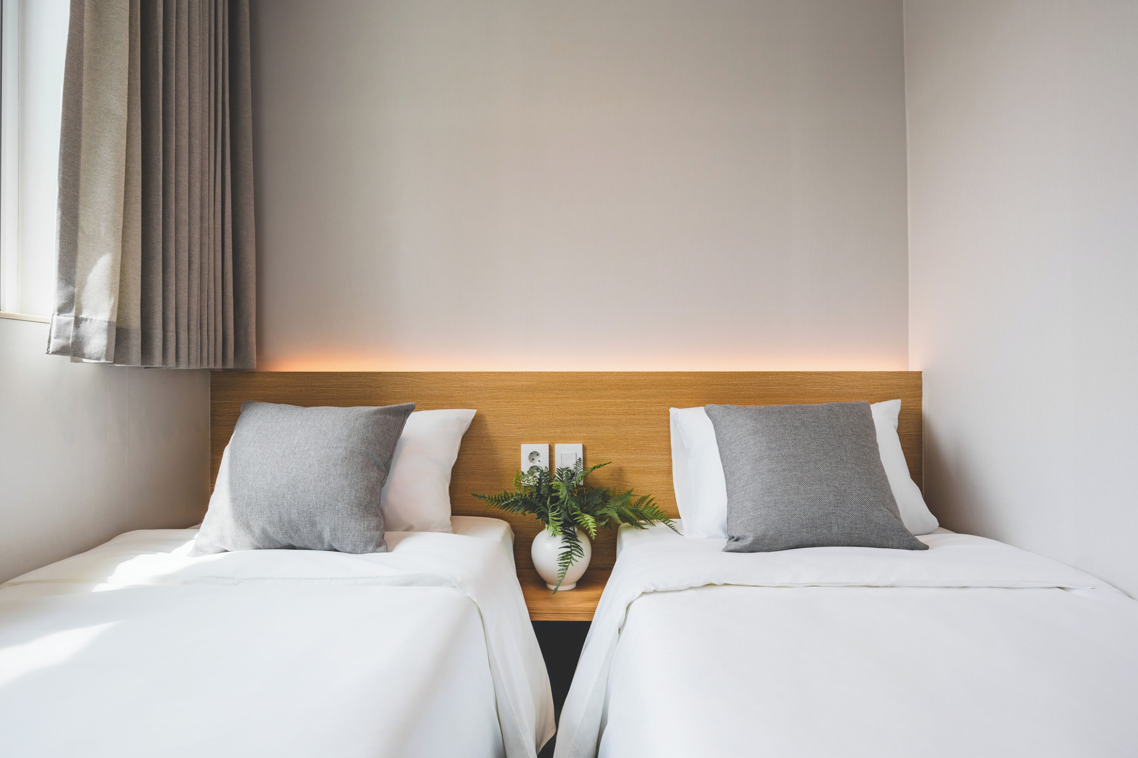 Quarto de hotel com duas camas, cabeceira de madeira, mesa de cabeceira com uma planta e uma janela com cortinas.