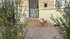 Un edificio residencial con camino de grava, una reja metálica y una puerta con diseño decorativo.