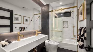 Hair dryer, towels, soap, toilet paper