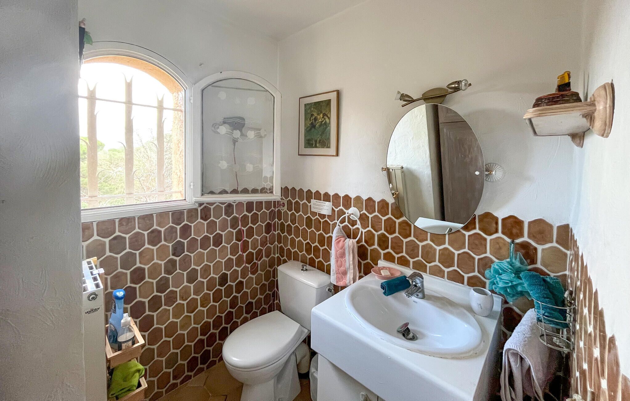 Une salle de bain avec un mur recouvert de carreaux hexagonaux, des toilettes, un lavabo avec un miroir et une fenêtre donnant sur les arbres.