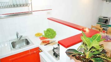 Fridge, microwave, stovetop, coffee/tea maker