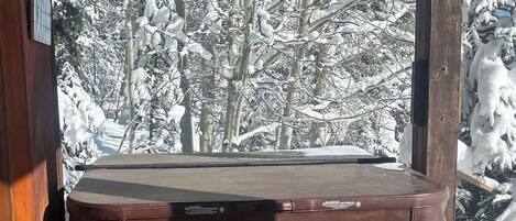 A hot tub with a wooden deck and a view of snow-covered trees.