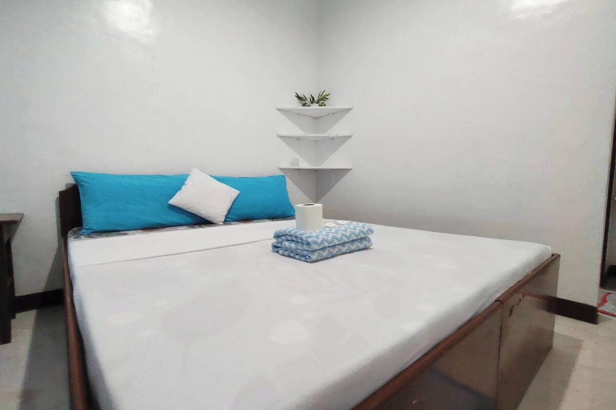 Un letto rifatto con un materasso bianco, un cuscino blu e un cuscino bianco. Sopra il letto, un piccolo vaso con una pianta su uno scaffale bianco.