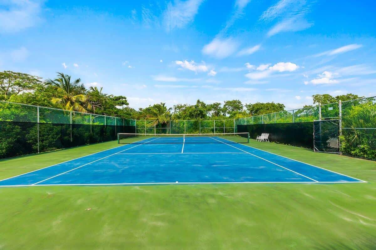 Un court de tennis extérieur, doté d’un filet, entouré d’une clôture et de verdure.