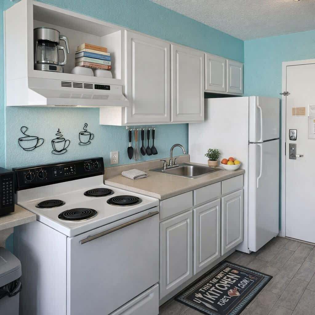 Fridge, microwave, oven, stovetop