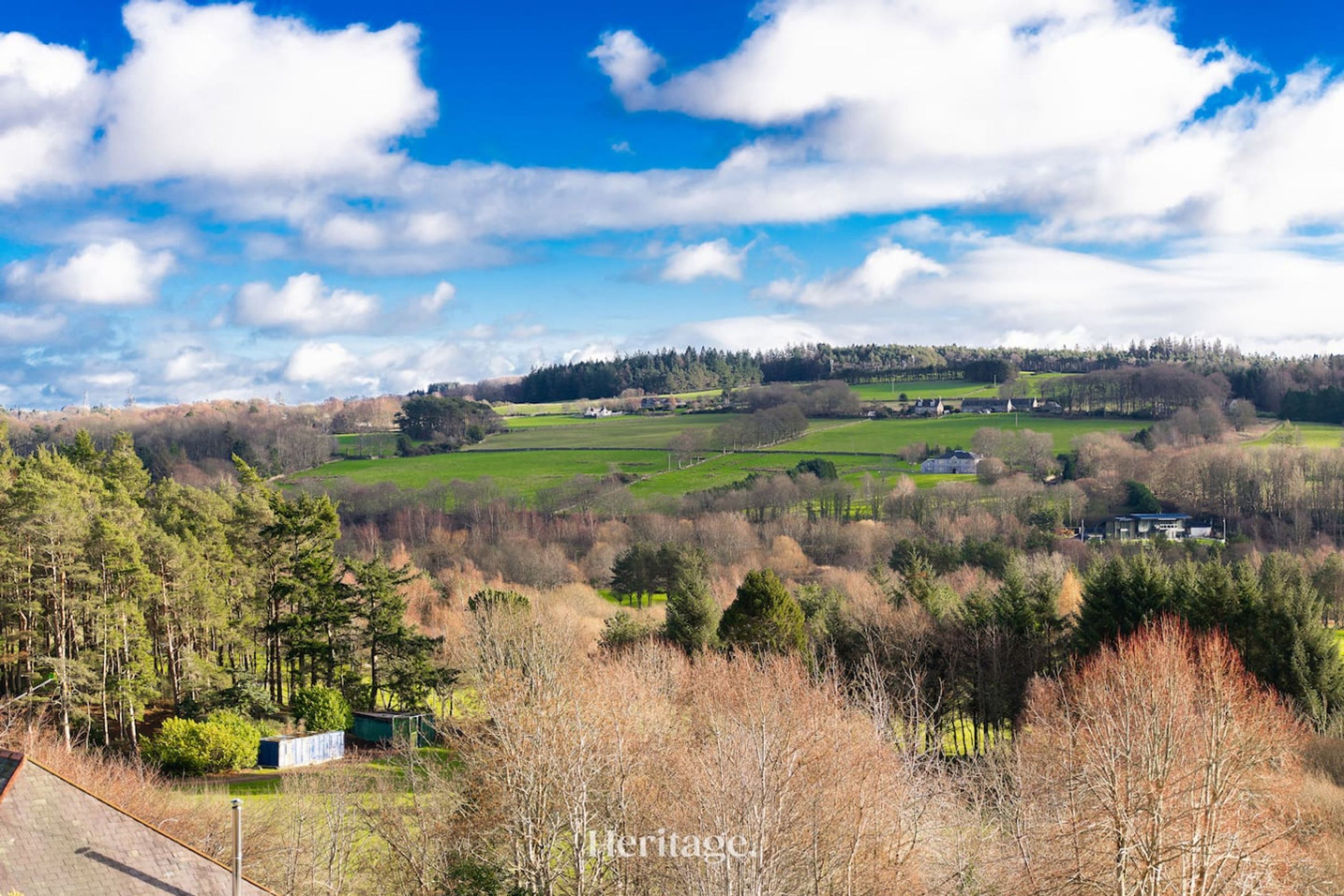 Un paysage rural avec une maison entourée d’arbres et de champs.