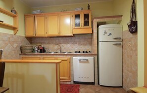 Een koelkast, een kookplaat, een vaatwasser