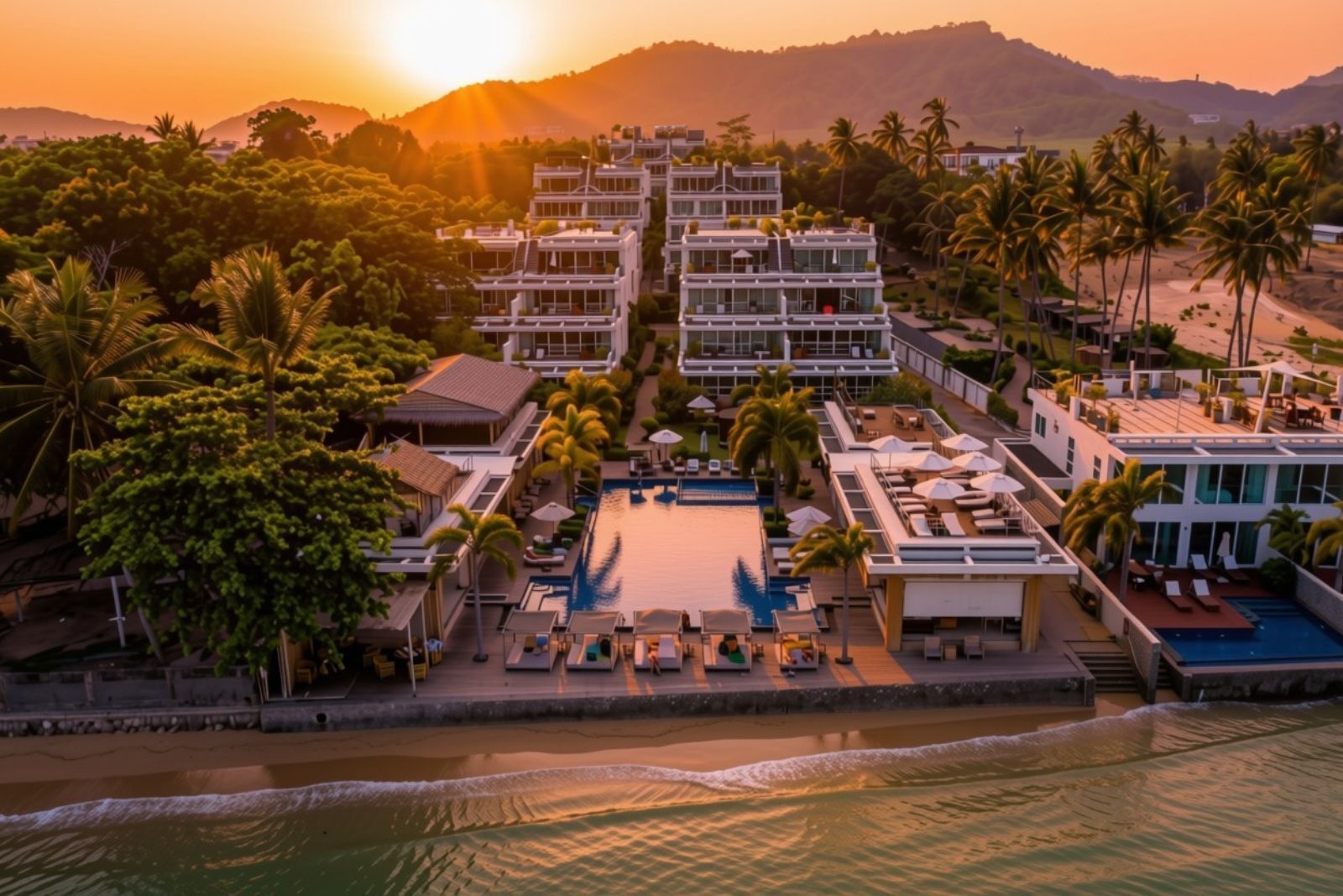 A resort with multiple buildings, a central pool, and surrounding palm trees.