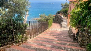 Un escalier en pierre menant à une zone côtière offrant une vue sur la mer, une clôture en métal et de la verdure.