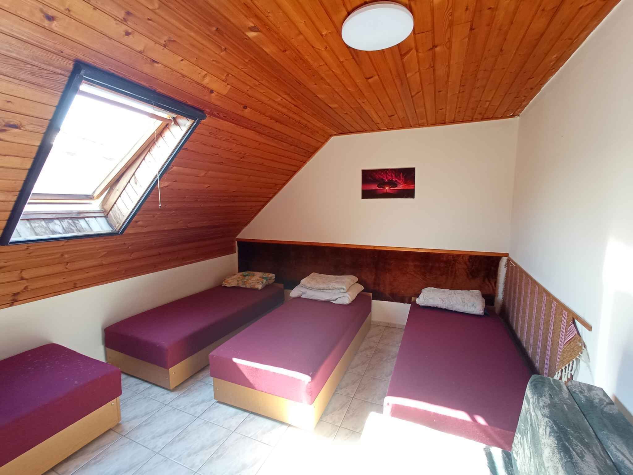 A small, cozy attic bedroom with wooden slats on the ceiling, a skylight, and two single beds with purple bedding.