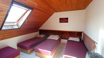 A small, cozy attic bedroom with wooden slats on the ceiling, a skylight, and two single beds with purple bedding.