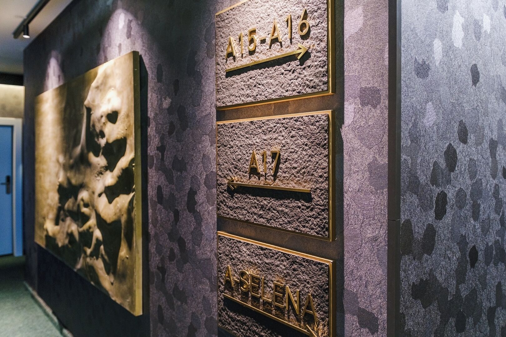 Un mur orné d’un crâne et de trois plaques portant les inscriptions « A15-A16 », « A17 » et « ASPLENA ».
