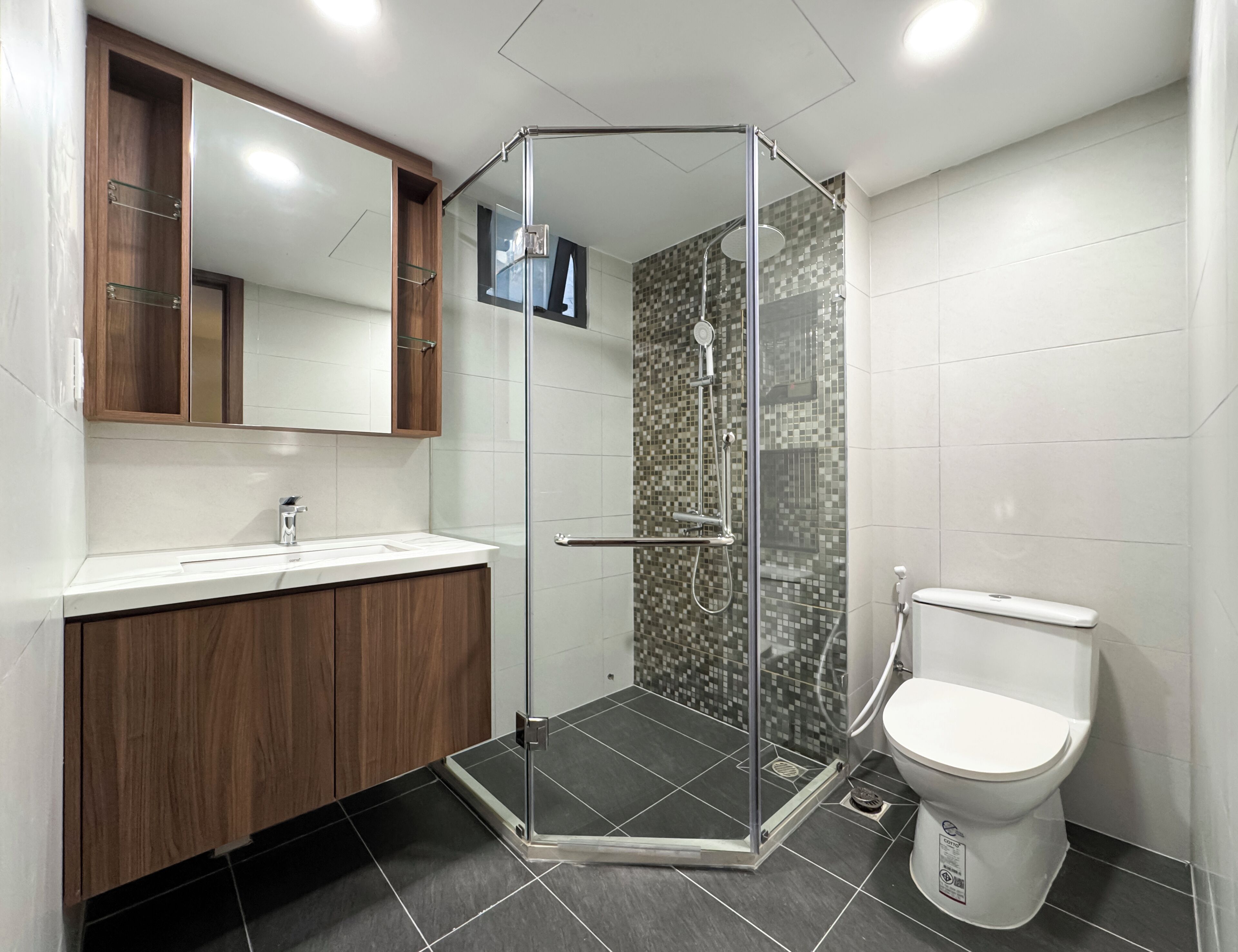 Shower, hair dryer, towels, shampoo