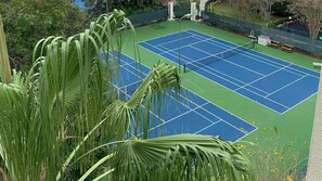 Una cancha de tenis con borde verde y palmeras al frente.