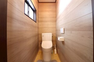 Hair dryer, towels, shampoo, toilet paper