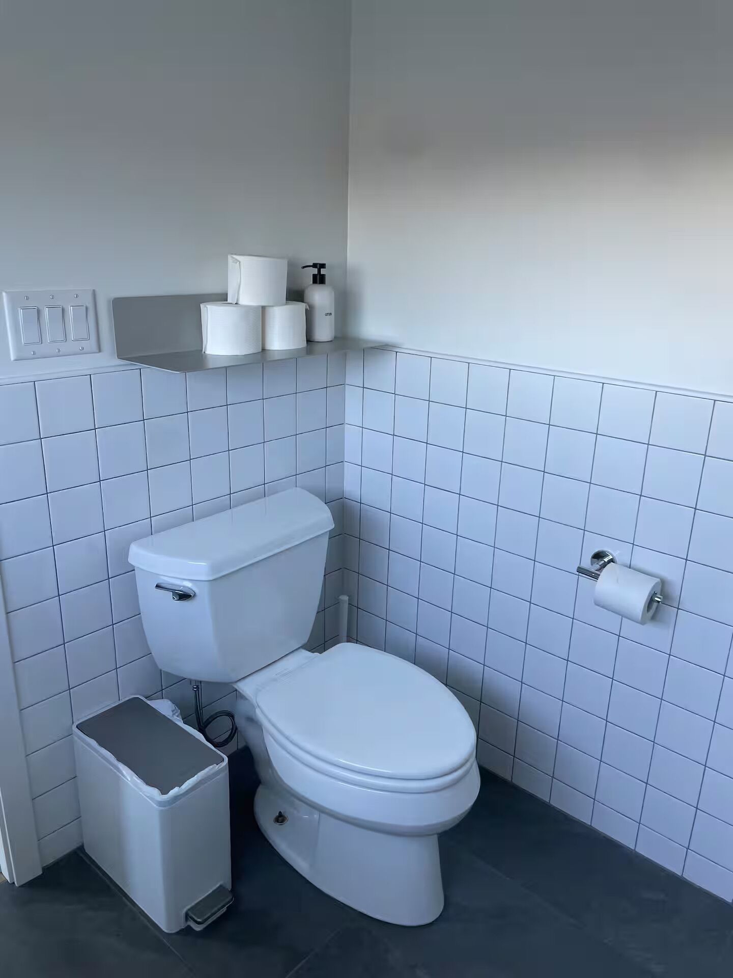 A bathroom with a toilet, a trash bin, and a shelf with toilet paper and a hand soap dispenser.
