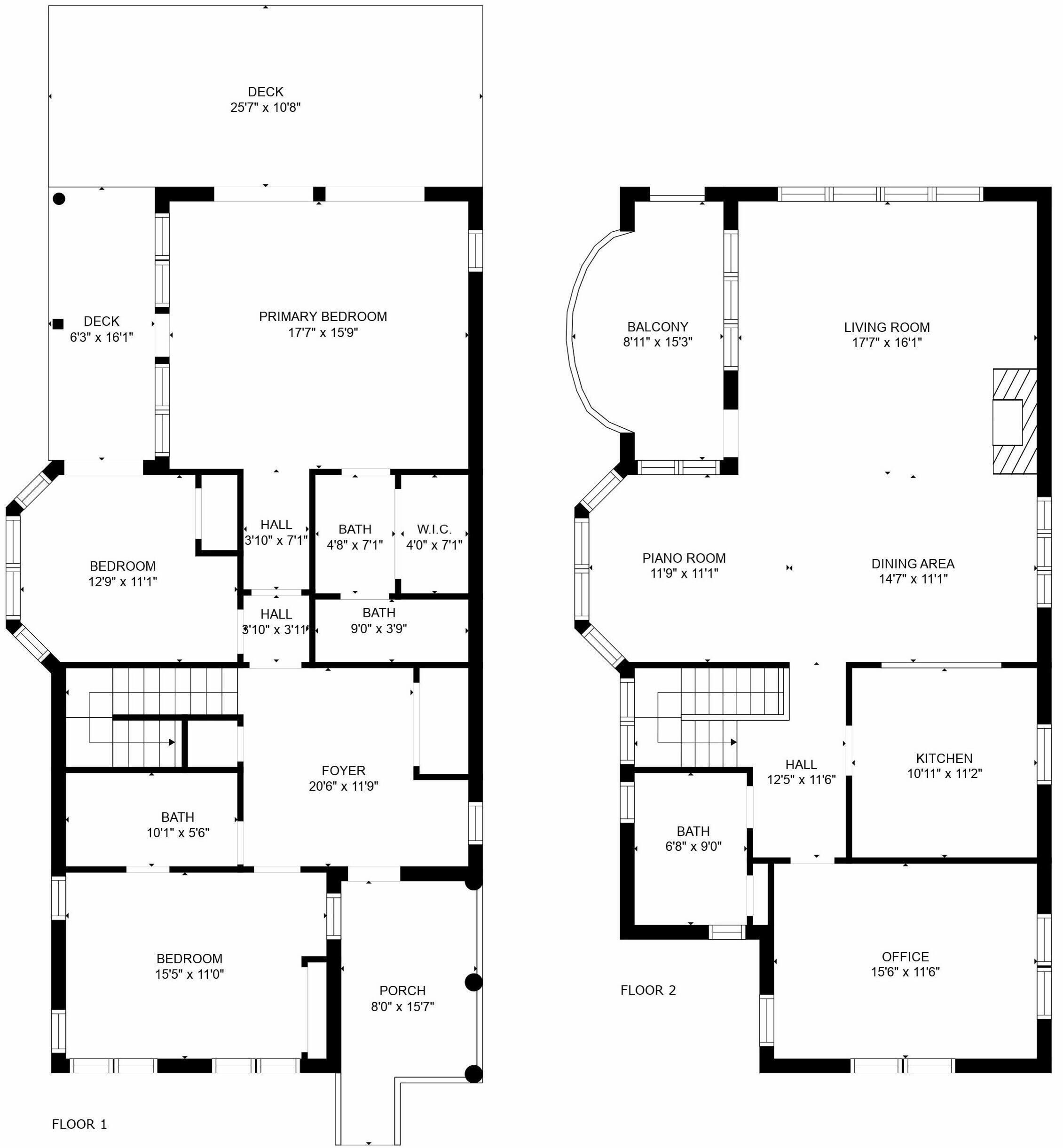Plano de planta de un hotel de dos pisos. Cada piso tiene un dormitorio, un baño y un vestíbulo. La planta baja incluye un balcón y un comedor. El segundo piso cuenta con una sala de estar, un comedor, una cocina y una oficina.