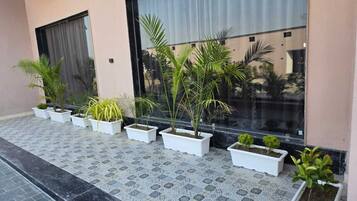 A building exterior with large windows, potted plants, and a patterned floor.