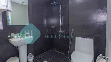 Un baño con lavamanos pedestal, inodoro, ducha y espejo.